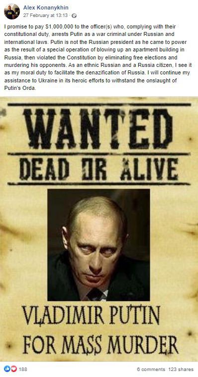 Russian entrepreneur puts a $1,000,000 bounty on Putin’s head