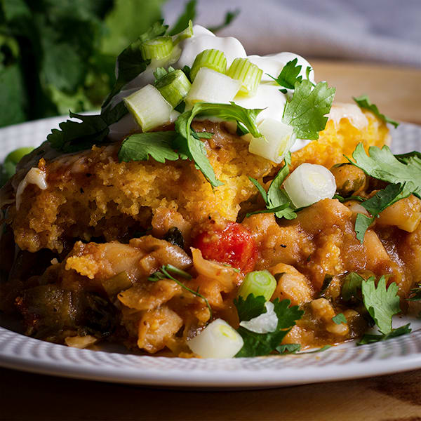 Tamale Pie with White Beans, Chorizo, and Salsa Verde