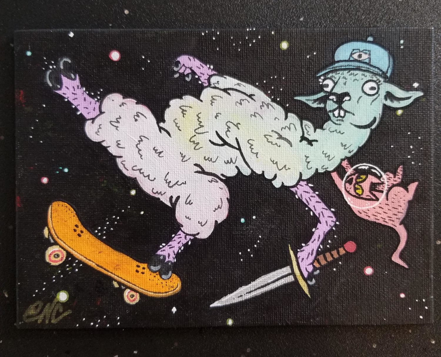 Request from an 11 yr old. "Llama in space riding a skateboard wearing a monster university hat holding a sword and a kitten on its back" Acrylics and mixed media on canvas board by me