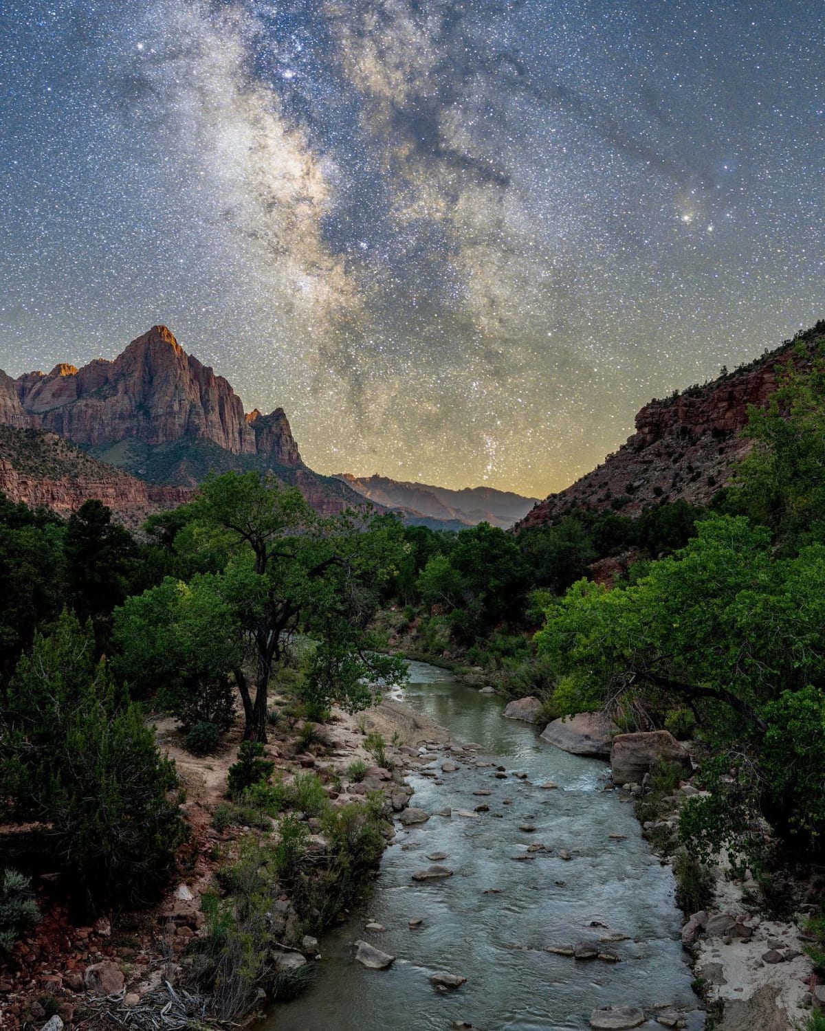 Milky Way core rising over The Watchman in Zion National Park