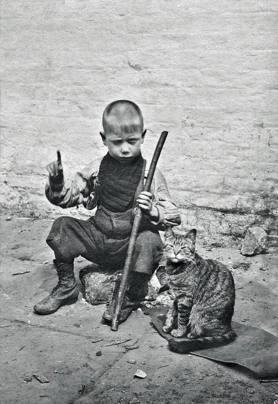 London's East End, 1914. Jeremiah Donovan, six, was nicknamed 'Dick Whittington' because of his pet cat. Photographer Horace Warner
