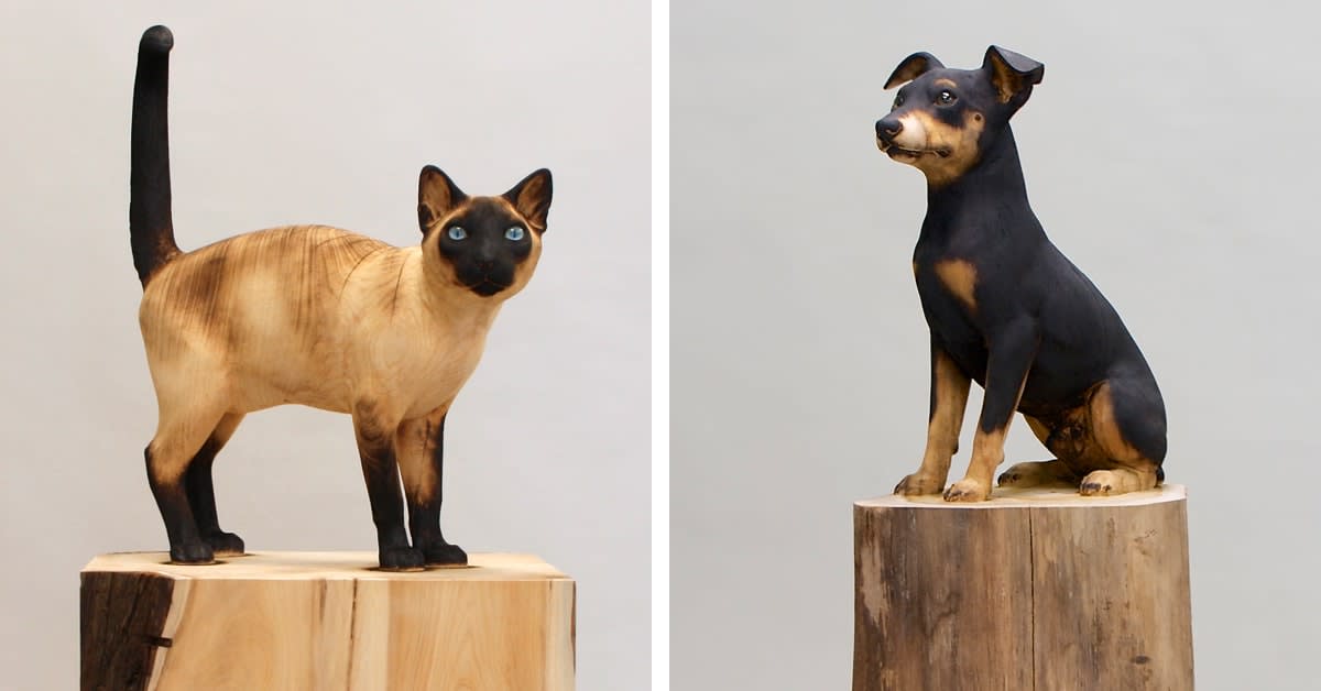 Artist Carves Incredibly Lifelike Pet Sculptures from Massive Tree Trunks