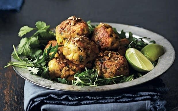 Turmeric fish balls with sunflower seeds and rocket recipe