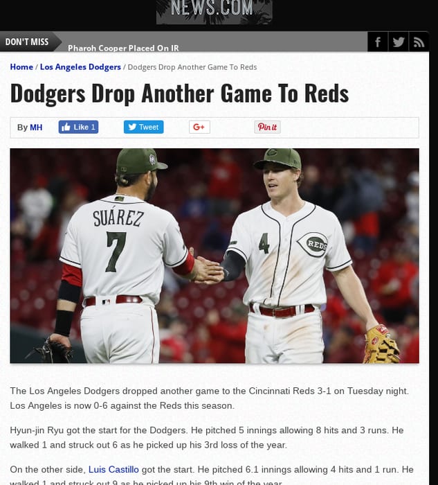 Dodgers Drop Another Game To Reds - CaliSports News