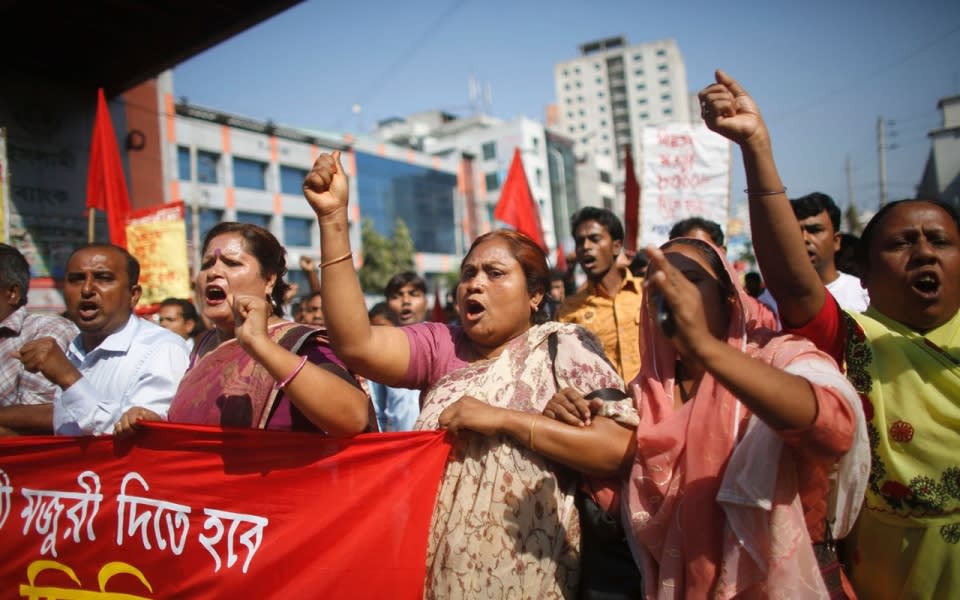 OtD 25 Apr 2013 100,000s of Bangladeshi garment workers walked out in protest at the previous day's building collapse which killed over 1,000. They barricaded roads, fought police and attacked factories, shops and garment bosses' HQ