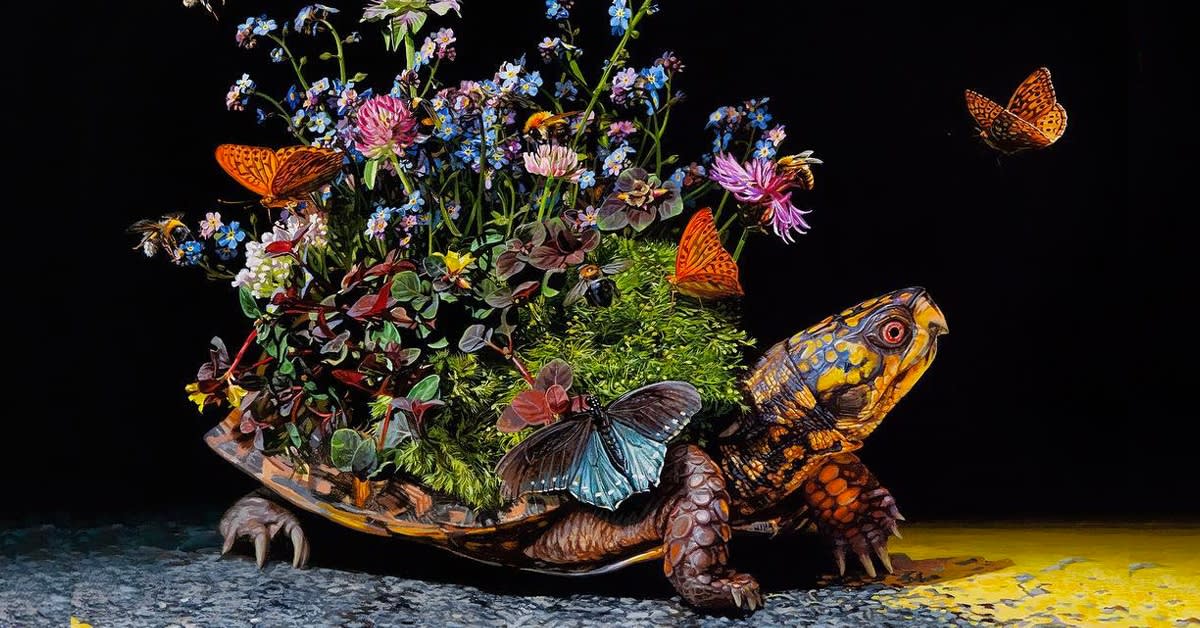 Hyperrealistic Paintings of Migrating Animals Carrying Tiny Ecosystems on Their Backs