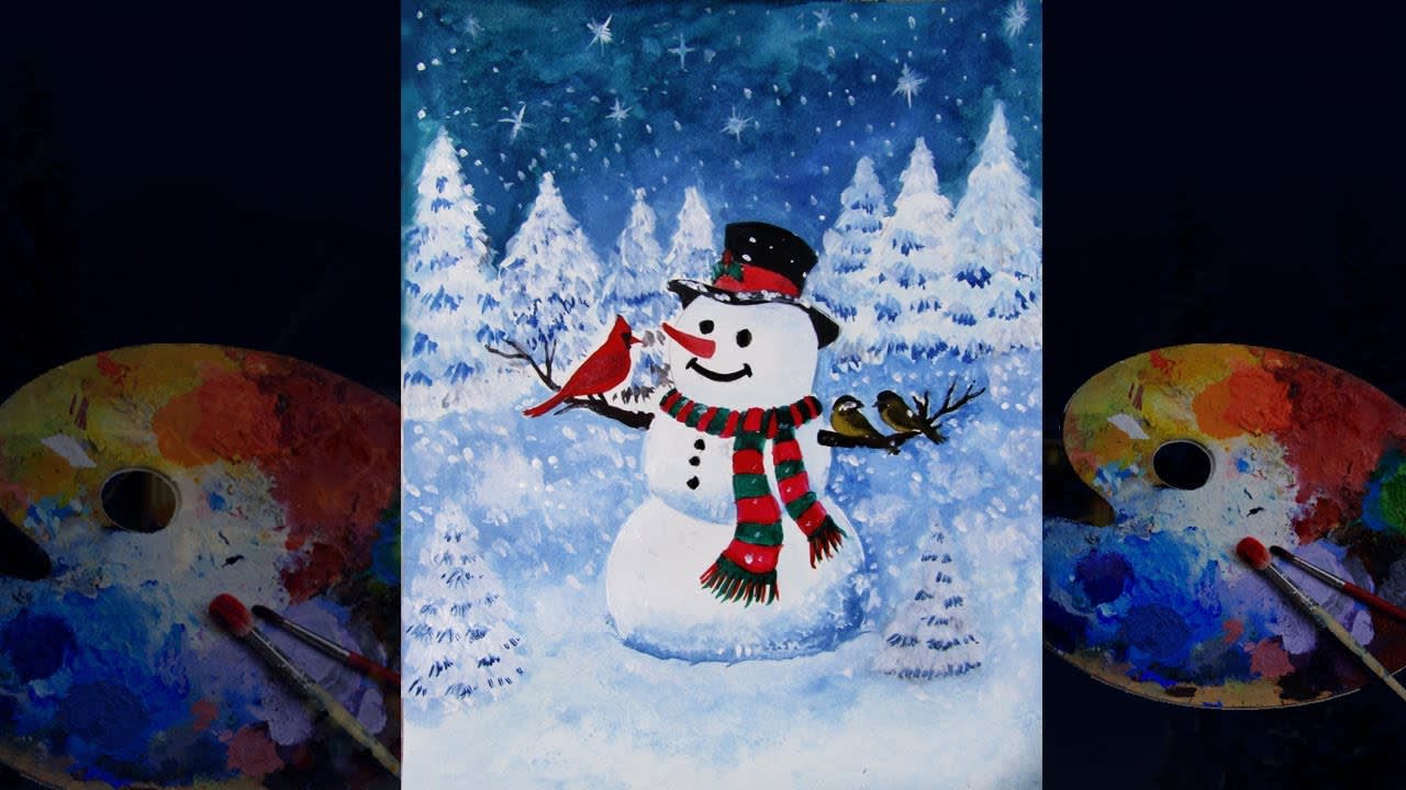 Snowman painting with bird tutorial video for beginners. How to draw scenery Christmas drawing 2019
