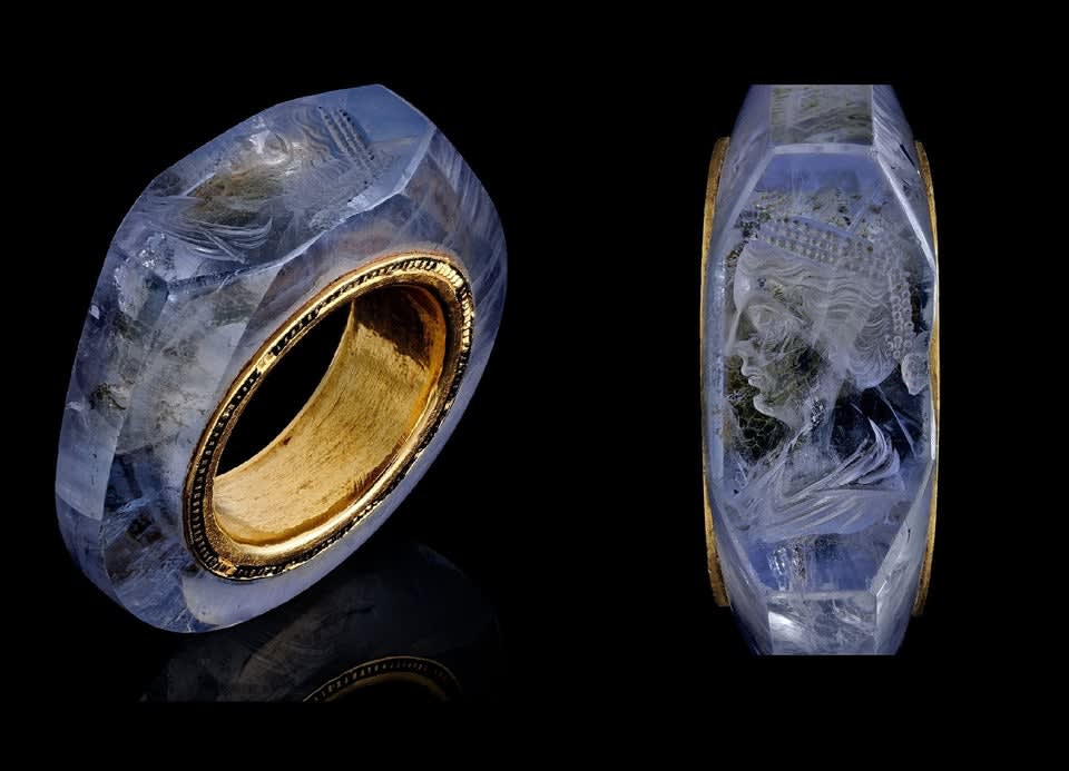 A 2000 year old sapphire ring thought to belong to Roman Emperor Caligula, depicting his fourth wife Caesonia
