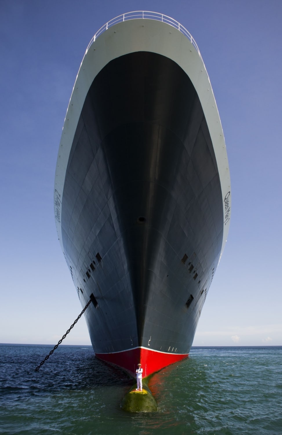 Cunard celebrated the 10th anniversary of the Queen Mary 2 by putting the captain on the bulbous bow.