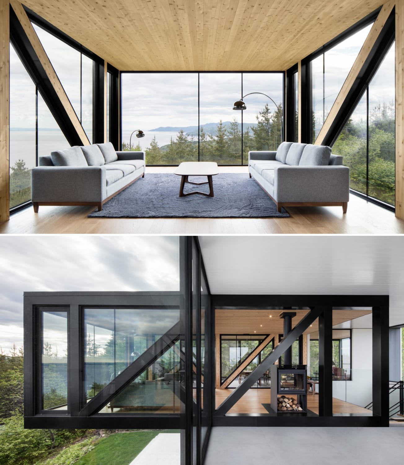 Cantilevered living space in a chalet with panoramic views of Saint Lawrence River, La Malbaie, Canada by ACDF Architecture