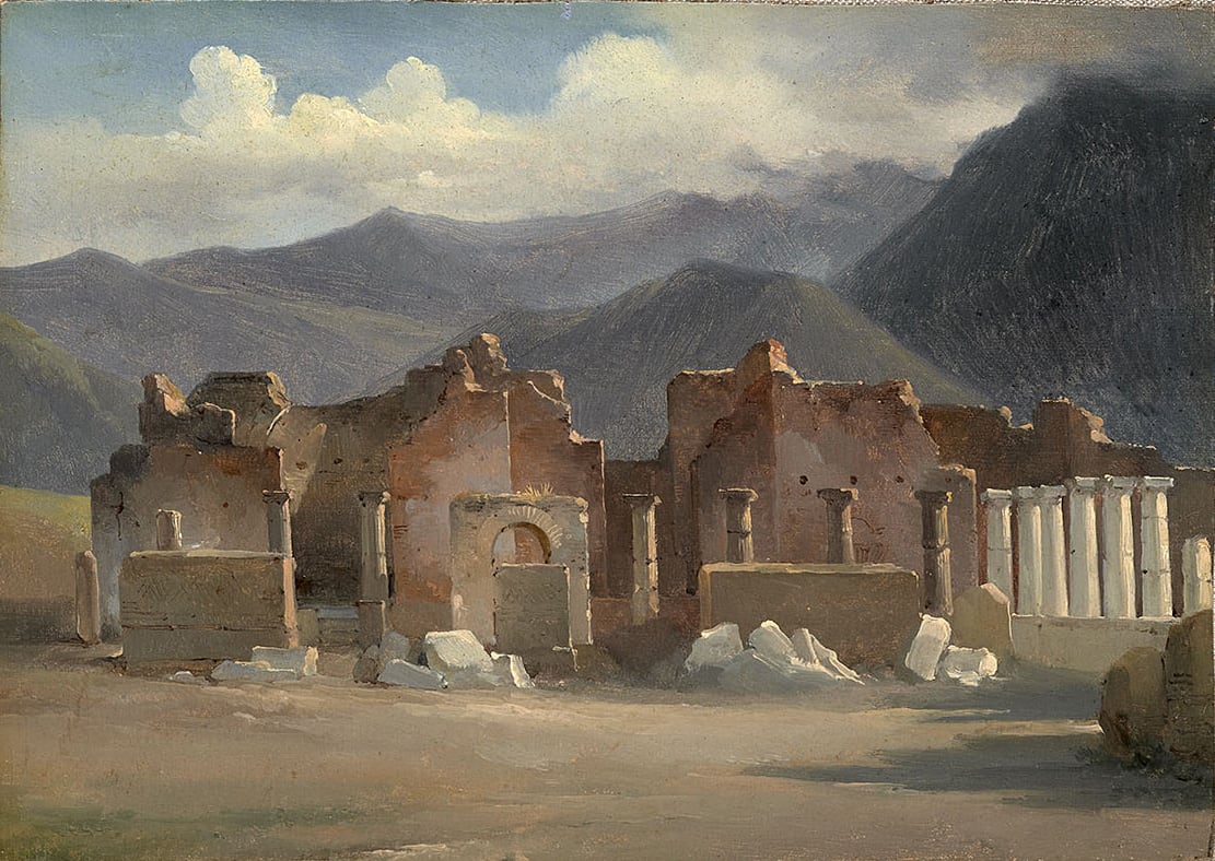 The recently acquired “The Forum at Pompeii” (1819) is among the earliest surviving examples of Achille-Etna Michallon’s work in oil from Pompeii. The quick sketch painted “en plein air” shows the French artist’s interest in depicting the effects of light on the ruins.