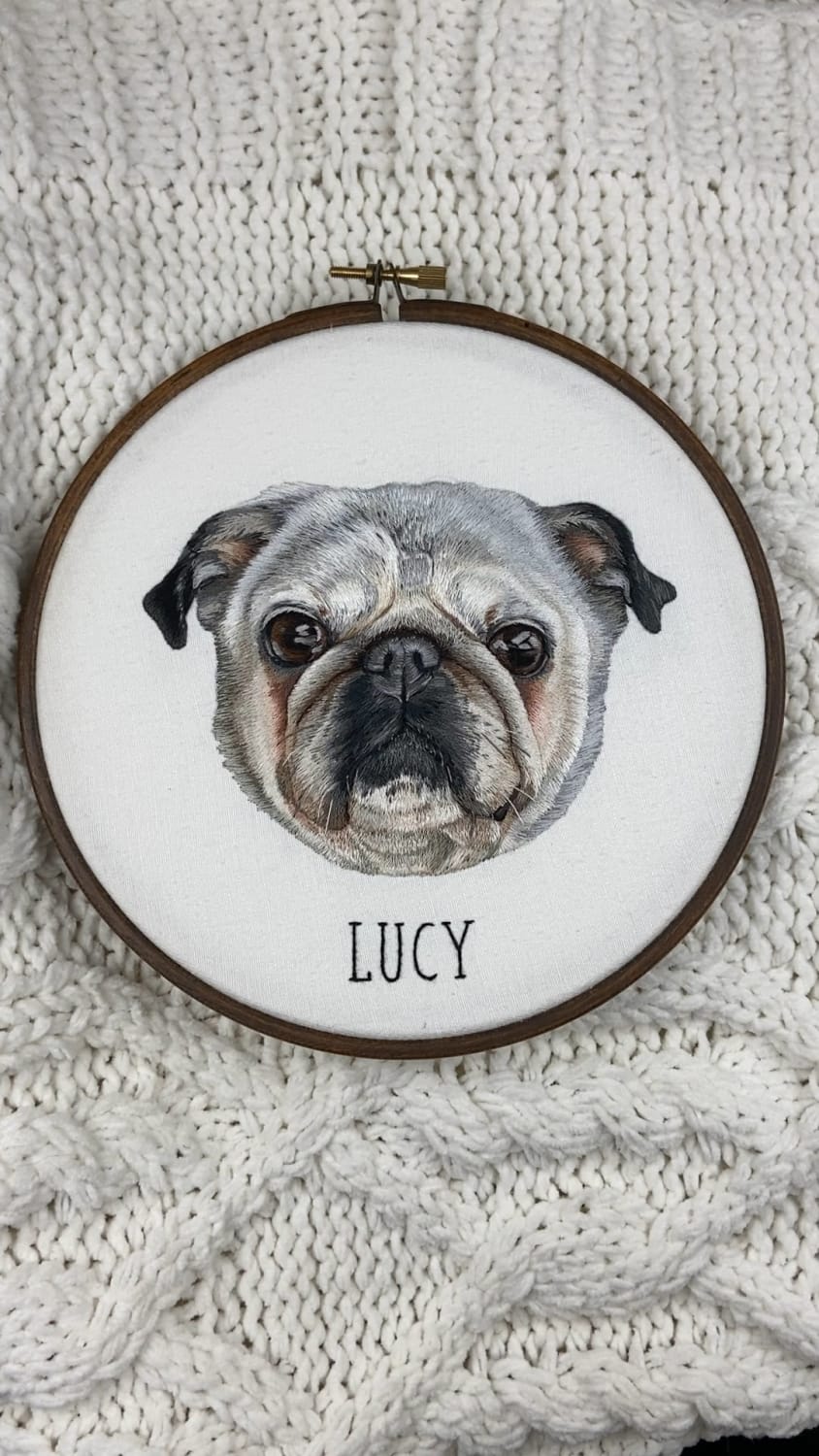 A mini video tour of my most recently stitched pet portrait. I have such a soft spot for pugs, especially senior ones!