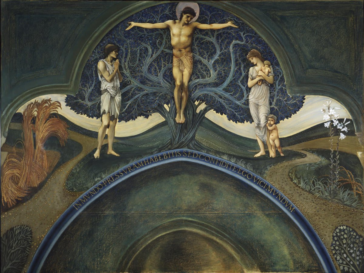 Edward Burne-Jones' 'Tree of Life' is one of many representations of the fabled tree. This watercolour is one of several large-scale decorations for the American Episcopal Church in Rome. Unusually, Christ is flanked by Adam and Eve rather than St John and the Virgin Mary.