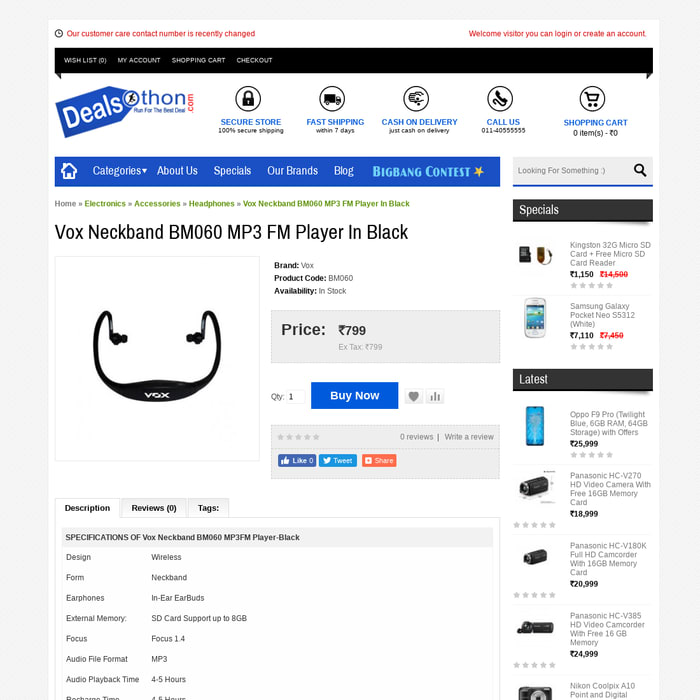 Vox Neckband BM060 MP3 FM Player In Black
