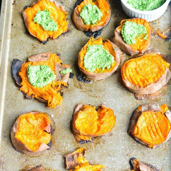 Smashed Sweet Potato with Home-made Garlic Pesto - A Taste of Joy and Love