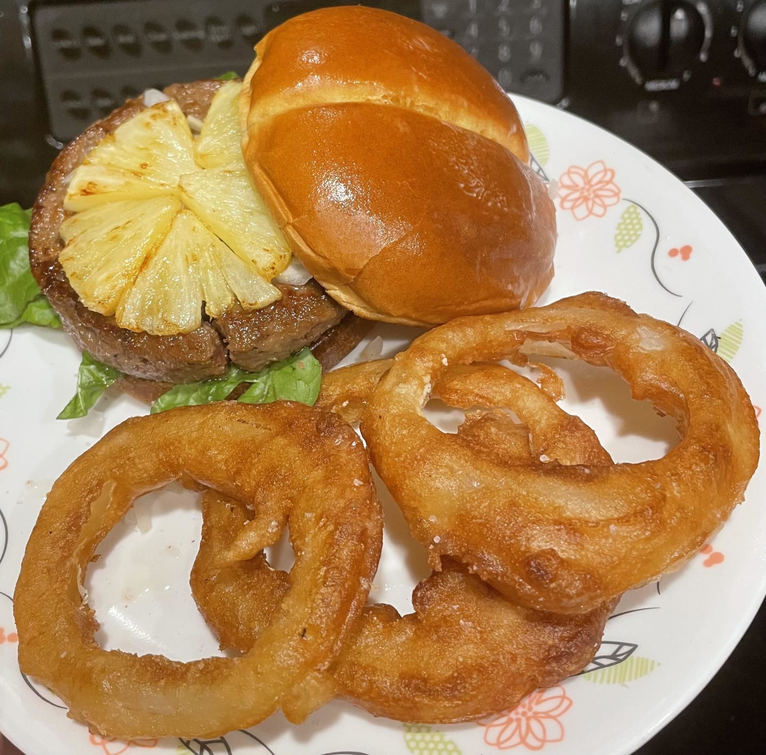 [Homemade] Grilled Pineapple and Teriyaki burger with onion rings