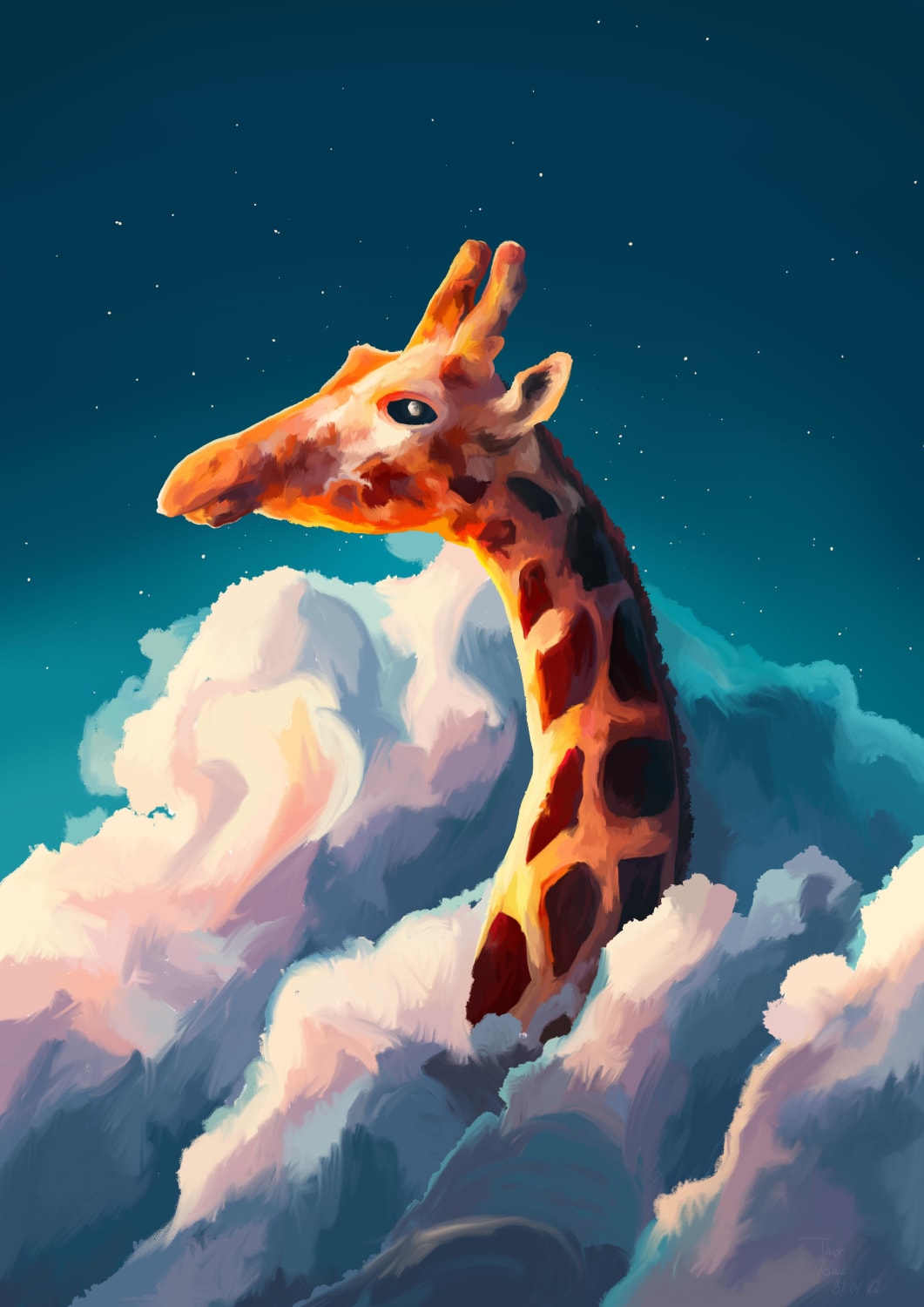Giraffe over clouds, Me, Digital art, 2022