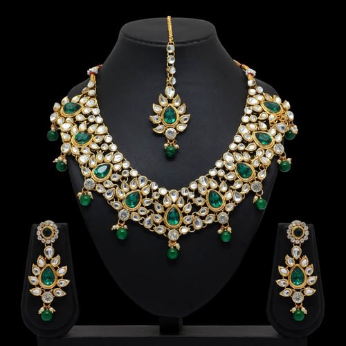Green Color Imitation Pearl & Kundan Necklace With Earrings & Maang Tikka