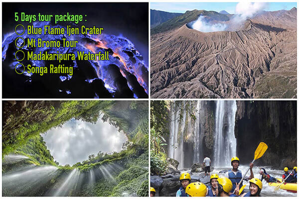 Blue Flame Crater, Mt Bromo, Waterfall, Rafting tour 5 Days