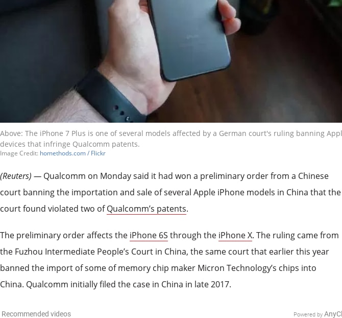 Qualcomm wins iPhone import and sales ban in China over patent violations