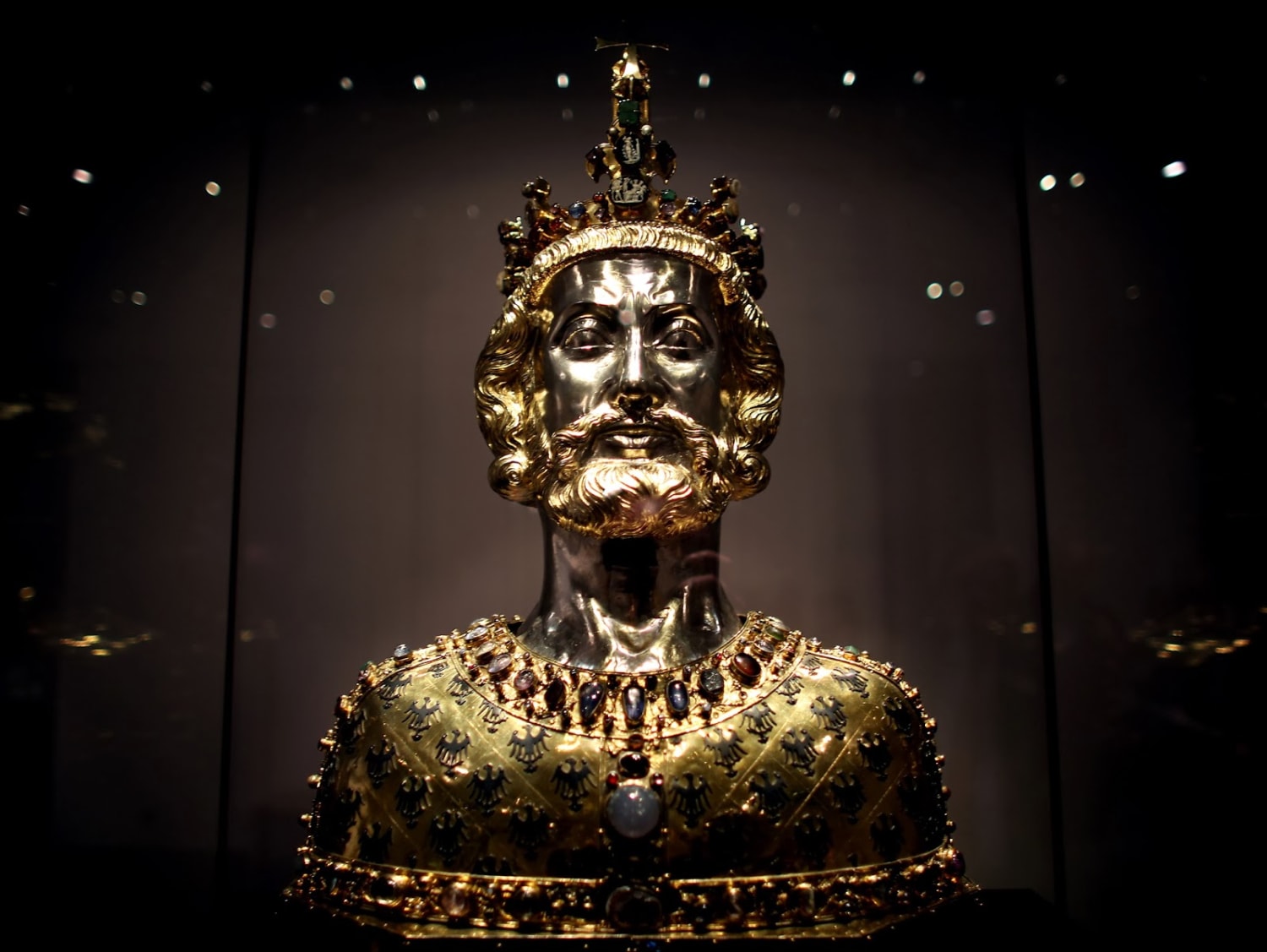 A gold reliquary bust of Charlemagne, containing his skullcap, commissioned by Holy Roman Emperor Charles IV in 1349.
