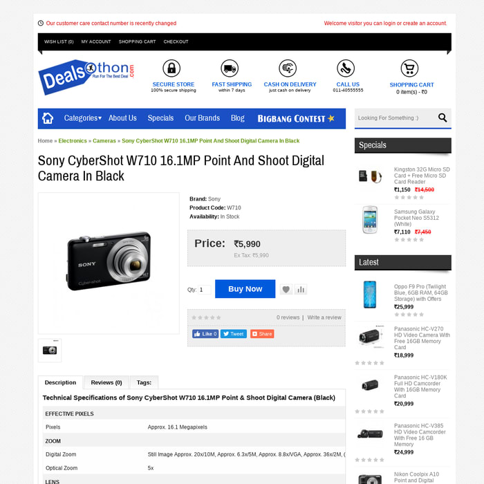 Sony CyberShot W710 16.1MP Point And Shoot Digital Camera In Black