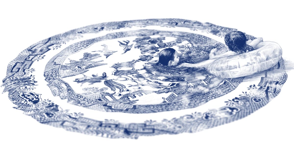 Artist Reimagines Blue and White Ceramic Dishes as Surreal Swimming Pools