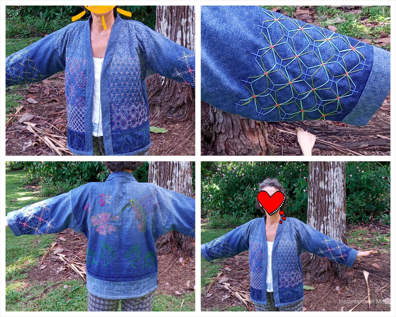 Corona Jacket with sashiko, I used an old denim couch cover to make it and lined it with quilting cotton. The stitches were done in sashiko running stitch with various designs. so relaxing to sew.