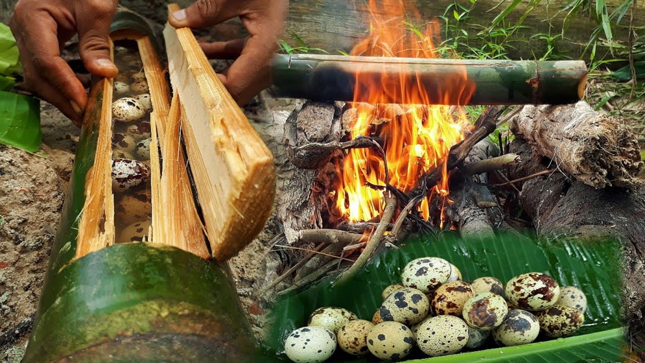 Primitive Technology: Memasak telur puyuh dalam bambu - Unik dan lezat