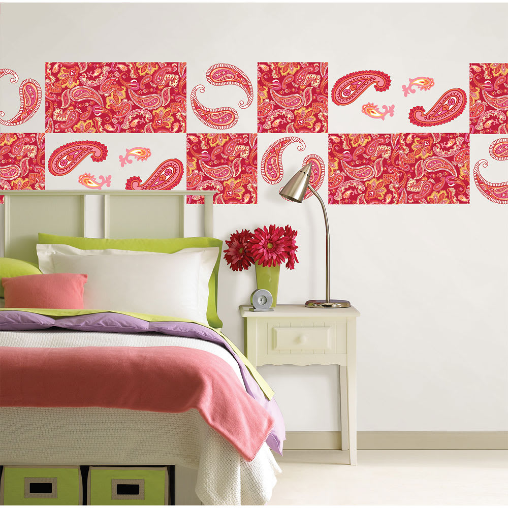 Paisley Please Square Wall Accent Set - 4pc Pink Red Floral Blox Decals by oBedding.com - Verified Purchase Review Channel