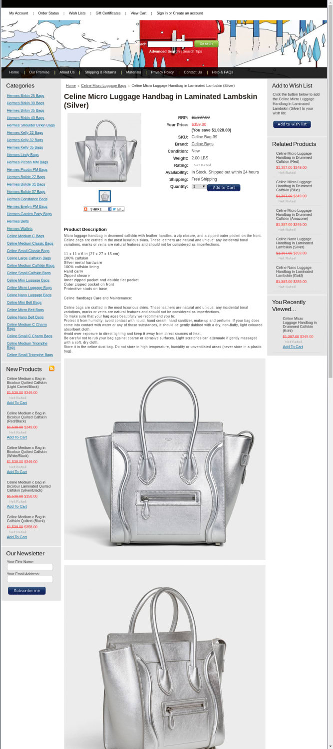 Celine Micro Luggage Handbag in Laminated Lambskin (Silver)