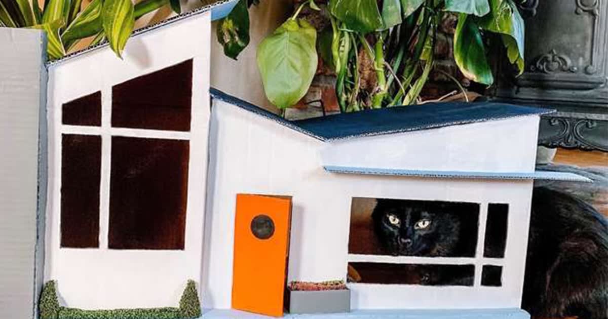 Woman Hand-Crafts a Mid-Century Modern Style Cardboard House for Her Two Cats