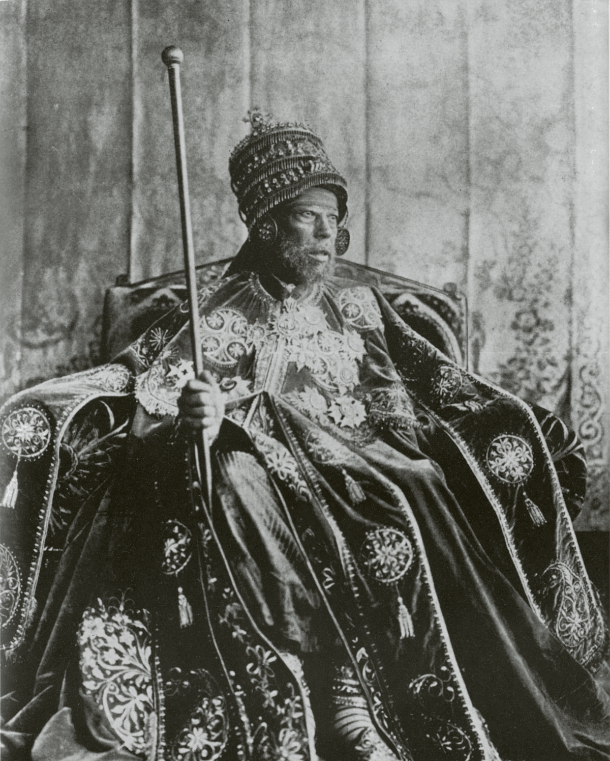 Menelik II of Ethiopia in his coronation robes, approx 1889.
