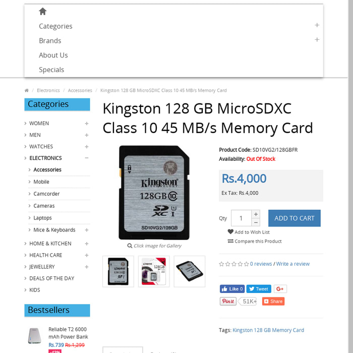 Kingston 128 GB MicroSDXC Class 10 45 MB/s Memory Card