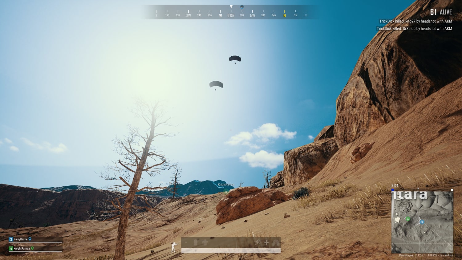 2 parachutes above are my teammates who haven't rendered on my HUD and can't be corrected because you can't dodge in ranked. What a good game.