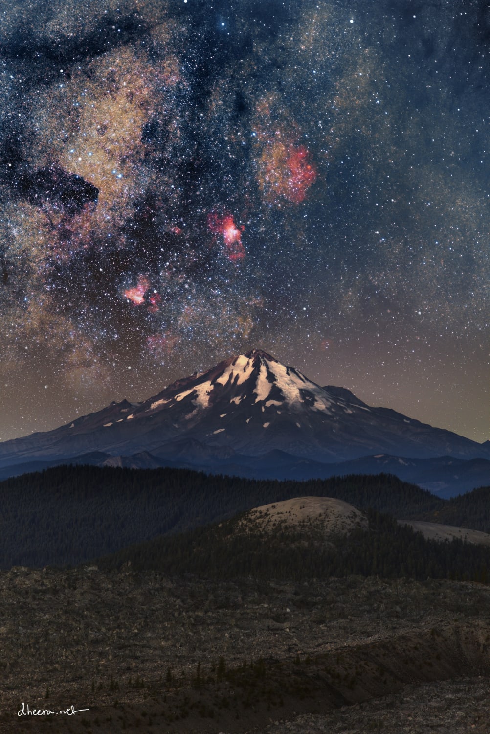 Amazing view of three nebulas over Mt. Shasta, California