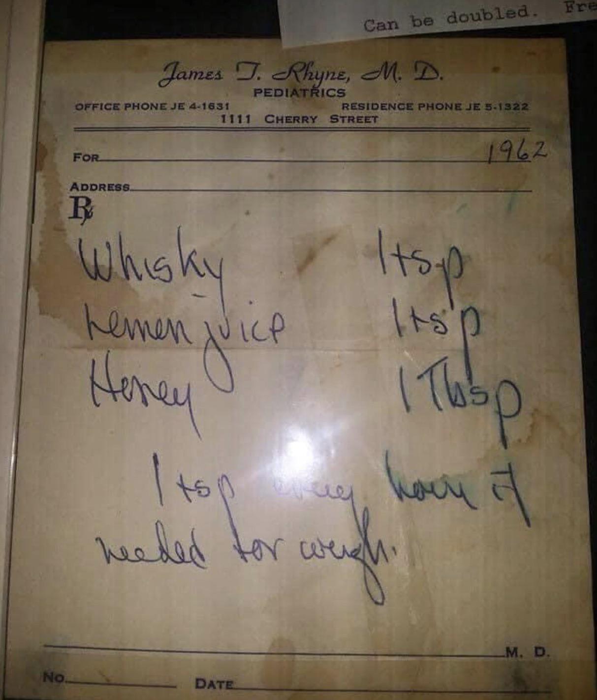 1962 cough “prescription” by a pediatrician (note home phone # on top)