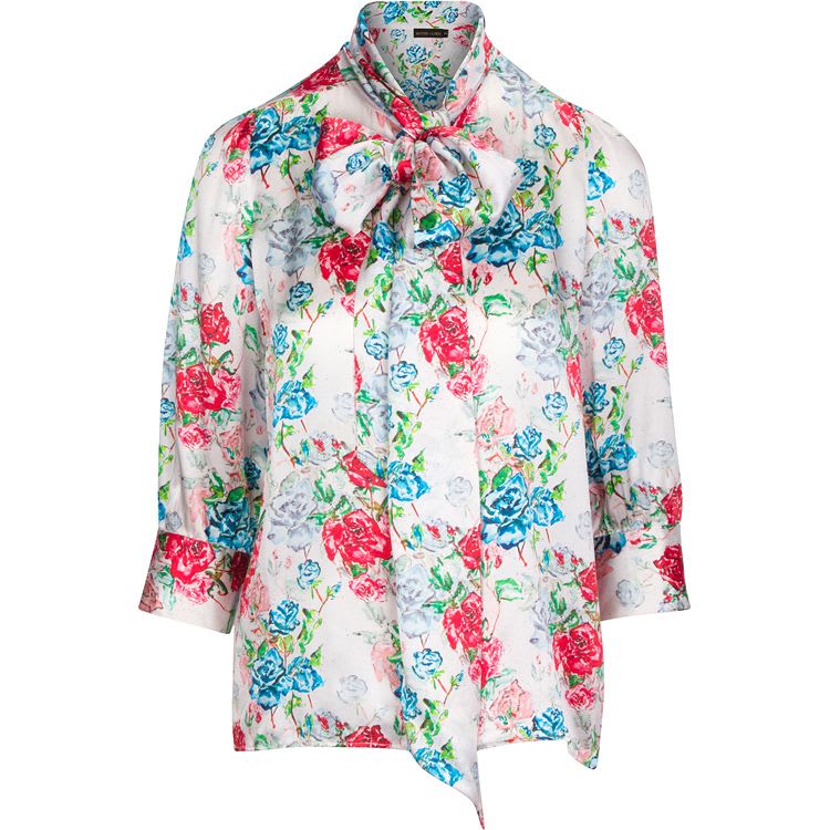 Floral Silk charmeuse Pussy Bow Tie Blouse