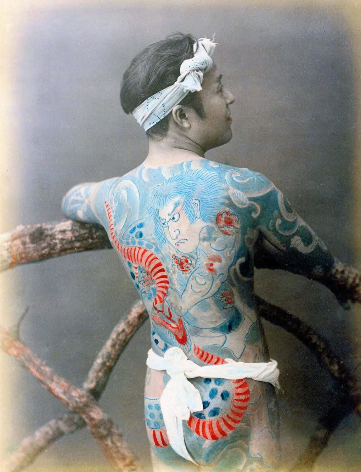 Irezumi tattoos on a Japanese mans back 1890.