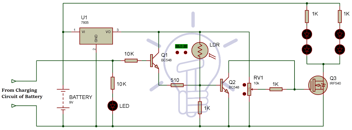 Automatic LED Emergency Light Circuit using LDR and IC 7805