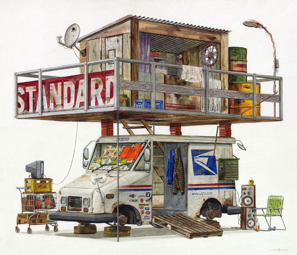 Watercolor Paintings of Imagined Trash Structures Packed With Advertising by Alvaro Naddeo — Colossal
