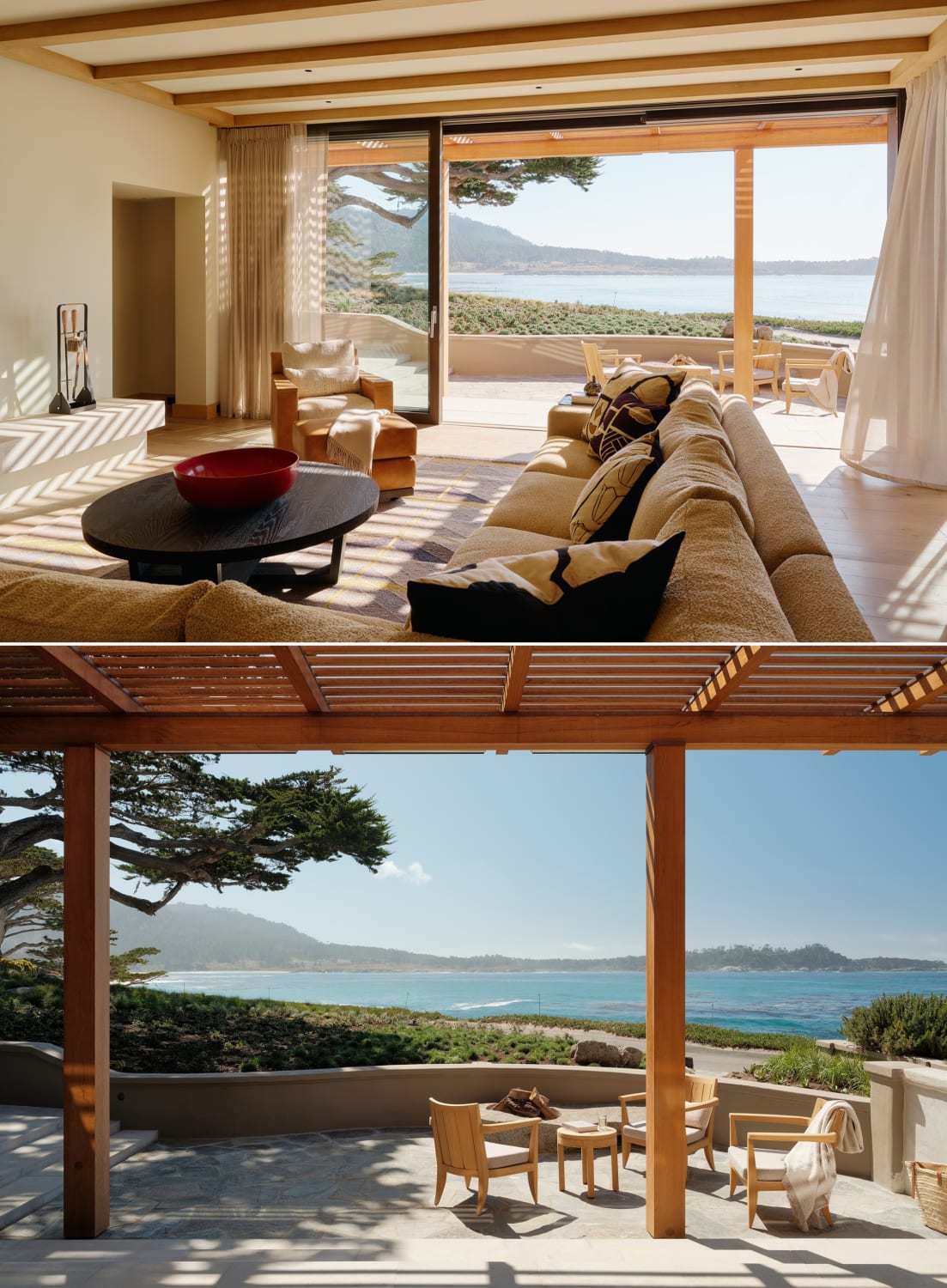 Living area opening up to a deck with views of the ocean, Carmel, California by Studio Schicketanz (Photo: Joe Fletcher)