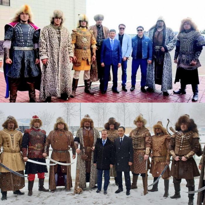 Nomadic Kazakh warriors next to normal people