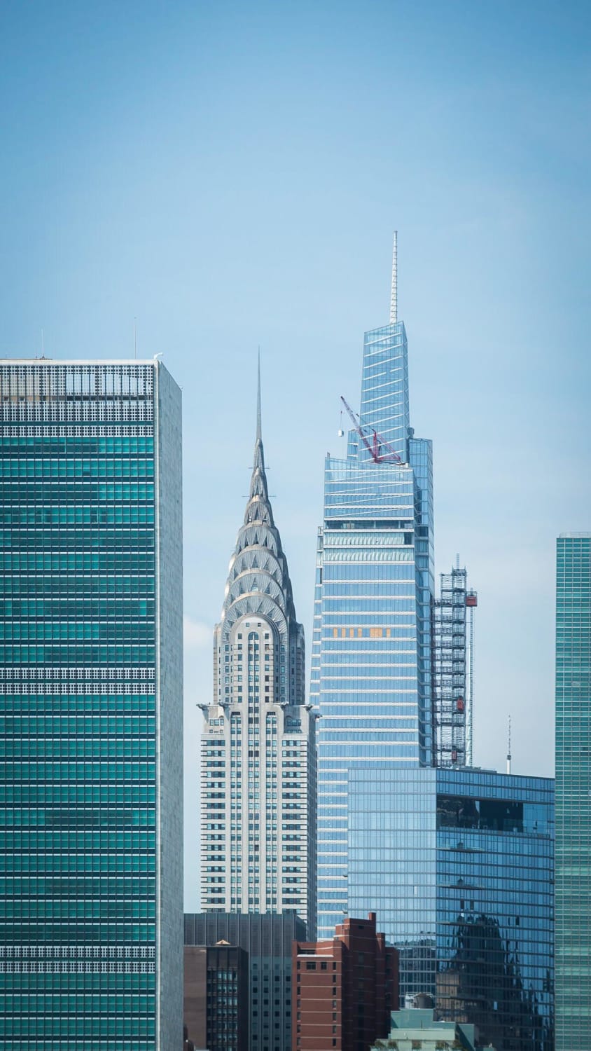 United Nations Secretariat Building, Chrysler Building, One Vanderbilt, photographed from East River