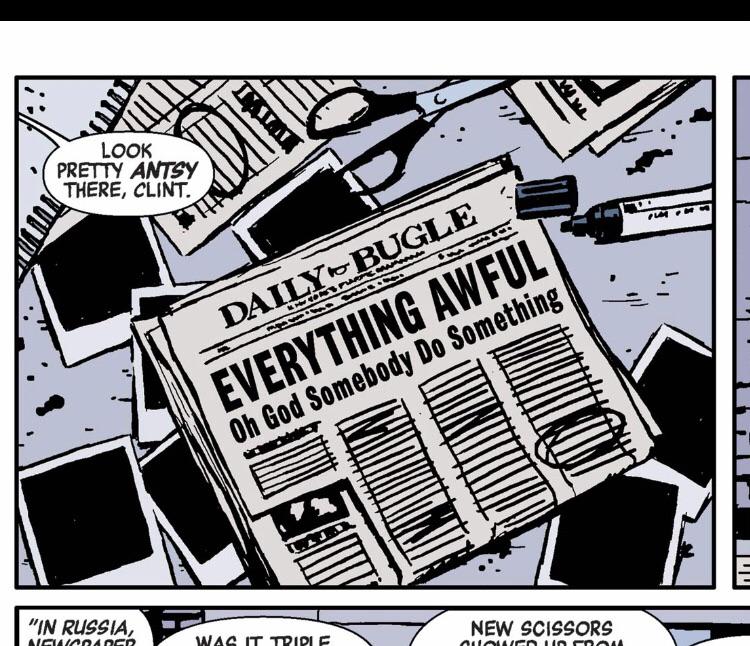 A panel from Matt Fractions Hawkeye run I thought was current and hip