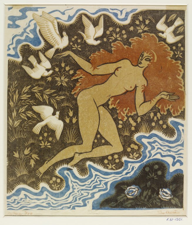 Known for his Art Deco influenced illustrations, John Austen's work is defined by delicate lines and striking shapes. His drawing 'Cythera' is based on the Greek Island which was considered to be the island of celestial Aphrodite, the Goddess of love.