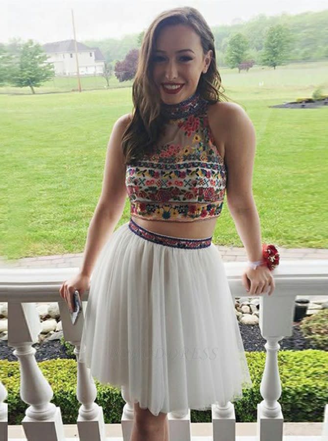 Two Piece High Neck Short White Homecoming Dress with Embroidery
