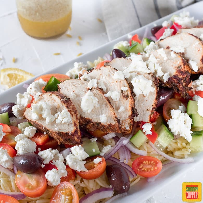 Greek Orzo Pasta Salad with Chicken #SundaySupper