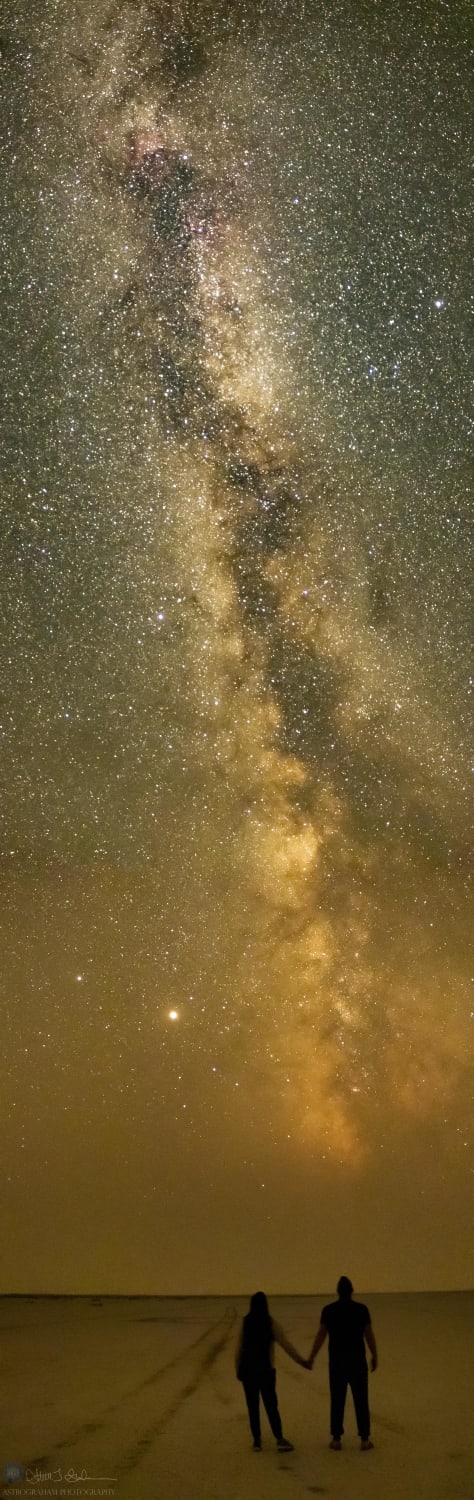 Milky Way panorama with my wife during the peak of fires (smoke affecting color and visibility along horizon) at a Bortle 1 site in Alvord Desert, OR