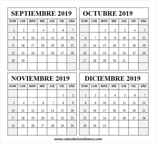 Imprimible Calendario Septiembre Octubre Noviembre Diciembre 2019